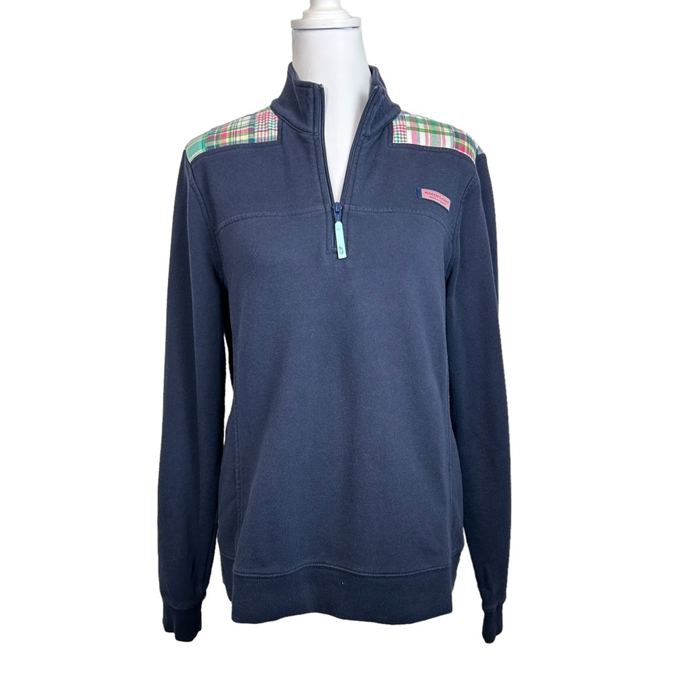 Vineyard Vines Pullover Shep Navy Blue w/ Madras Plaid 3/4 Zip Size M